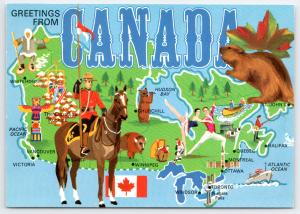 Vintage Canada Map Postcard with Mountie