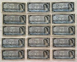 1954 $5 Bank of Canada Notes Lot