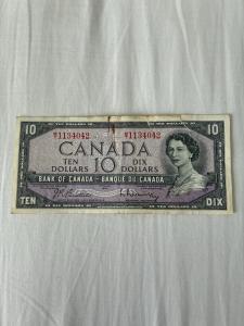 1954 Canadian $10 Bill with Purple Design