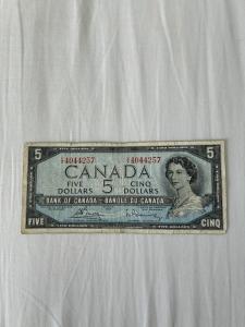 1954 Canada $5 Bill - Vintage Canadian Currency