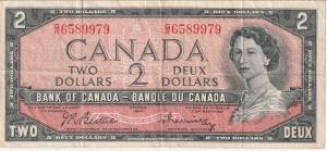 1954 Canada $2 Bill - Young Queen Design