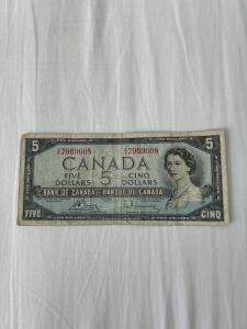 1954 Five Dollar Canadian Bill - Vintage Currency