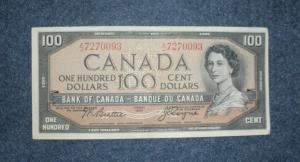 1954 $100 Canadian Banknote Vintage Collectible