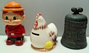 Canadian Mountie, Chicken, Liberty Bell Ceramic Banks
