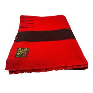 Vintage Red Wool Blanket with Black Stripe, 86" x 70