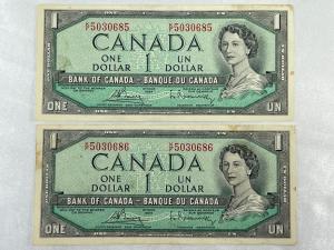 1954 Consecutive $1 Bank of Canada Notes