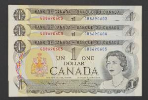 1973 Canada $1 Dollar Note Set - 3 Consecutive