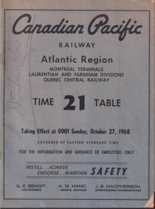 Canadian Pacific Railway Employee Timetable #21 1968