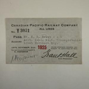 1925 Canadian Pacific Railway Employee Pass - Rare