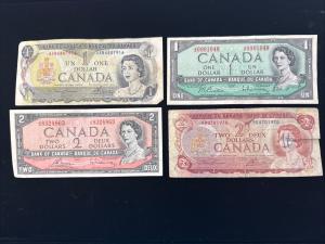Set of 4 Vintage Canadian Banknotes