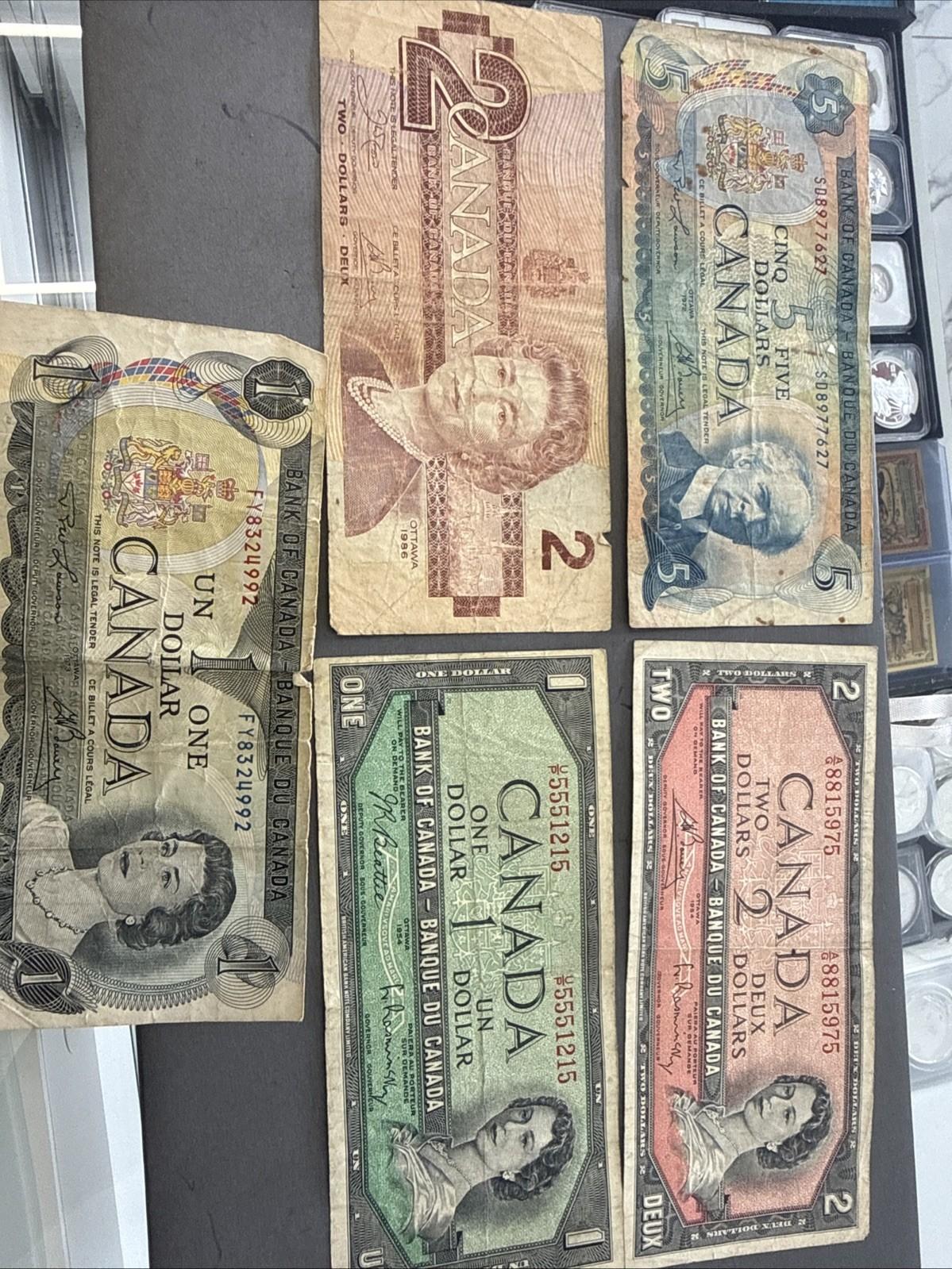 Vintage Canadian Banknotes Set of 5