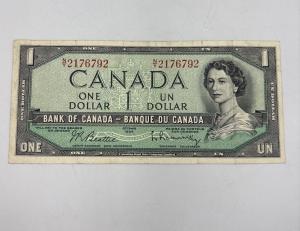 1954 Canadian $1 Bill Vintage Banknote