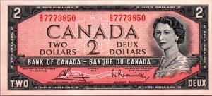 1954 Canadian 2 Dollar Bill "Fancy Serial