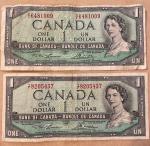 Pair of Vintage 1954 Canada One-Dollar Bills
