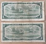 Pair of Vintage 1954 Canada One-Dollar Bills