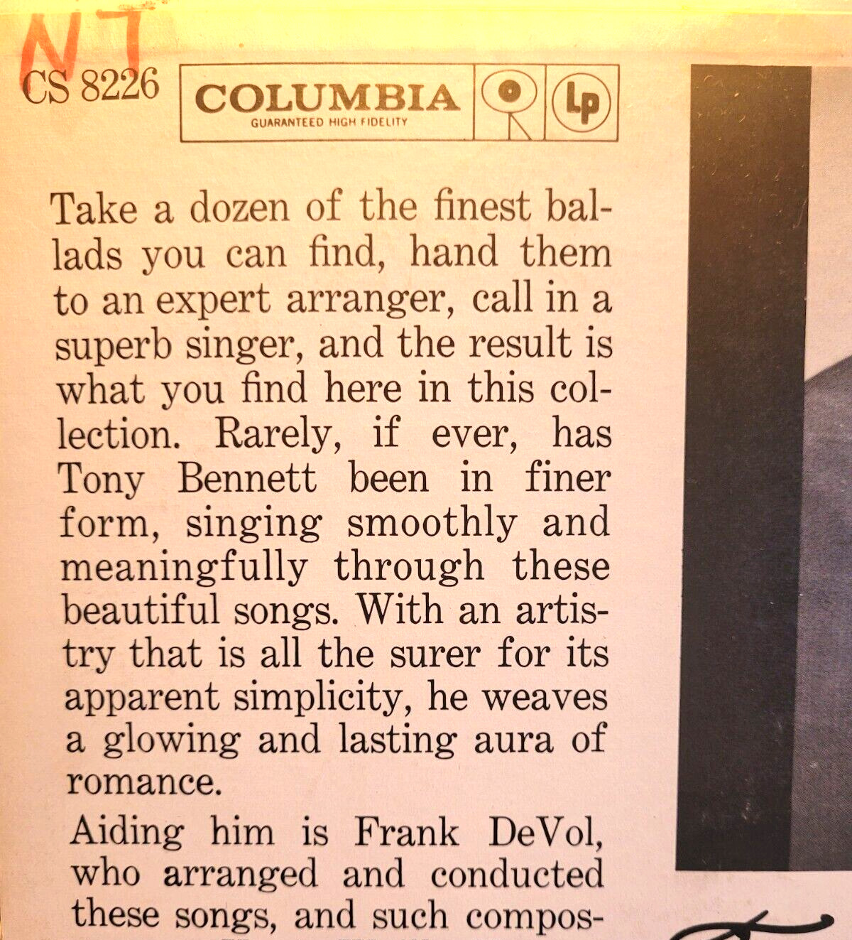 Tony Bennett - Vintage Vinyl LP (TESTED) 1960 Canadian Print