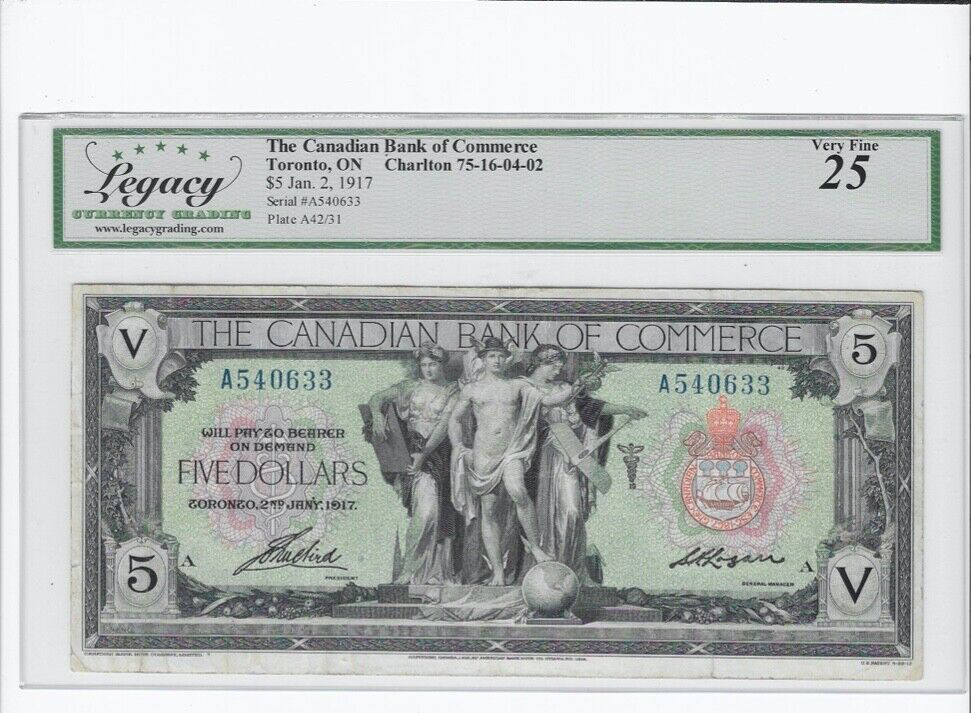 Vintage 1917 Canadian Bank of Commerce $5 Bill