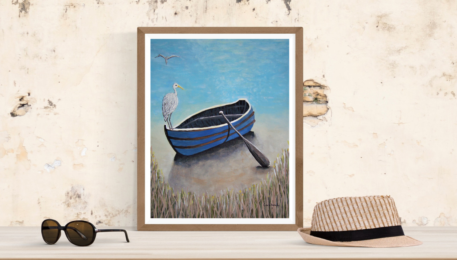 Vintage Seascape Heron Art by Carla Dancey