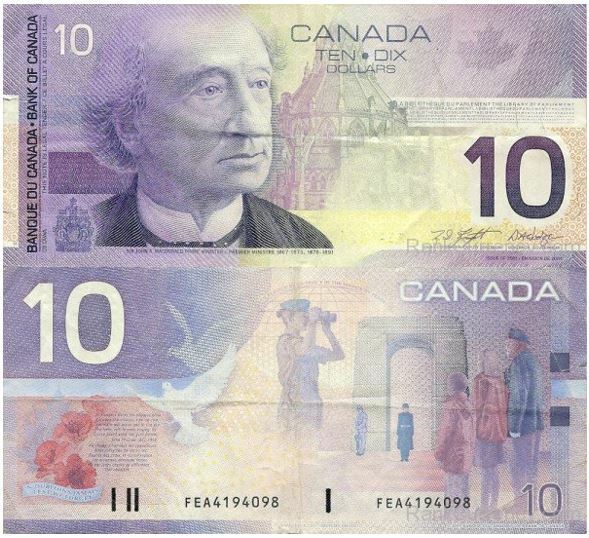 Vintage Canadian $10 Bill - Authentic Currency Note