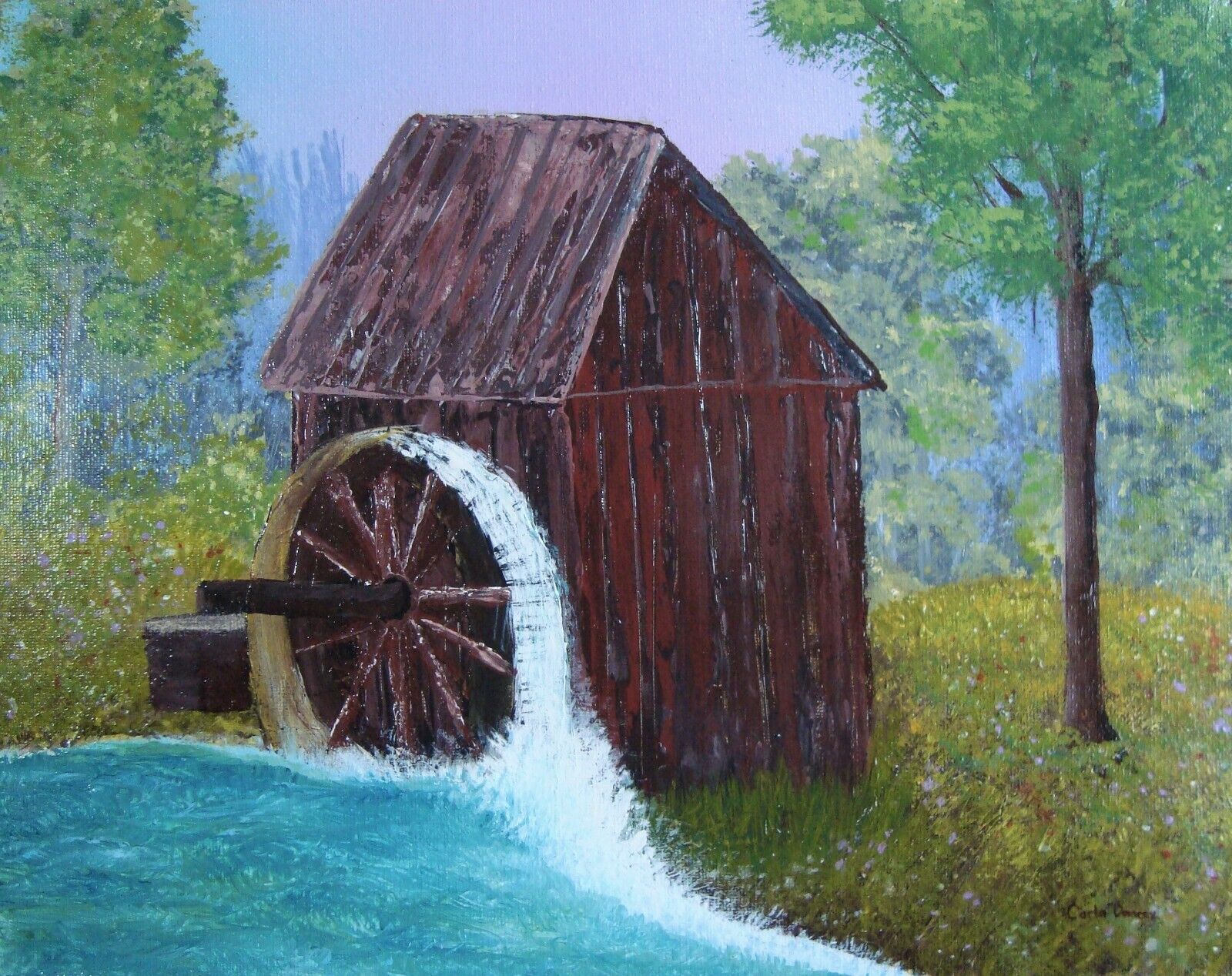 Vintage Canadian Old Mill Landscape River Waterfalls Painting