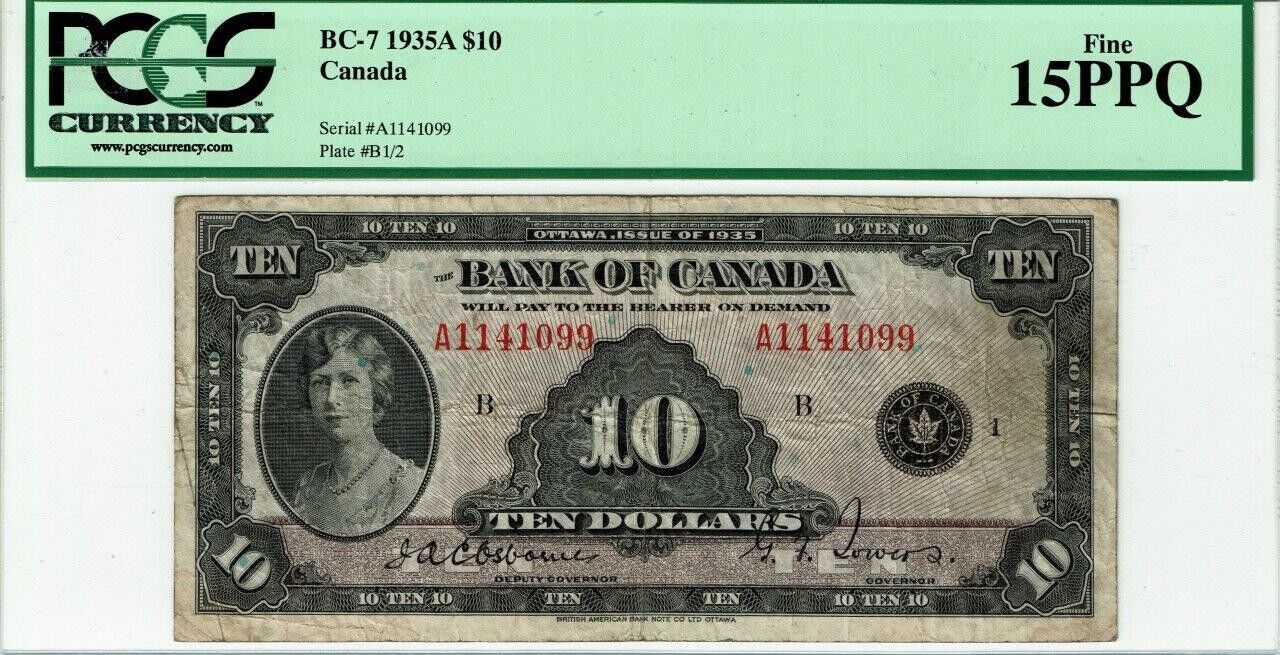 Vintage 1935 $10 Canadian Banknote - PCGS-Fine 15