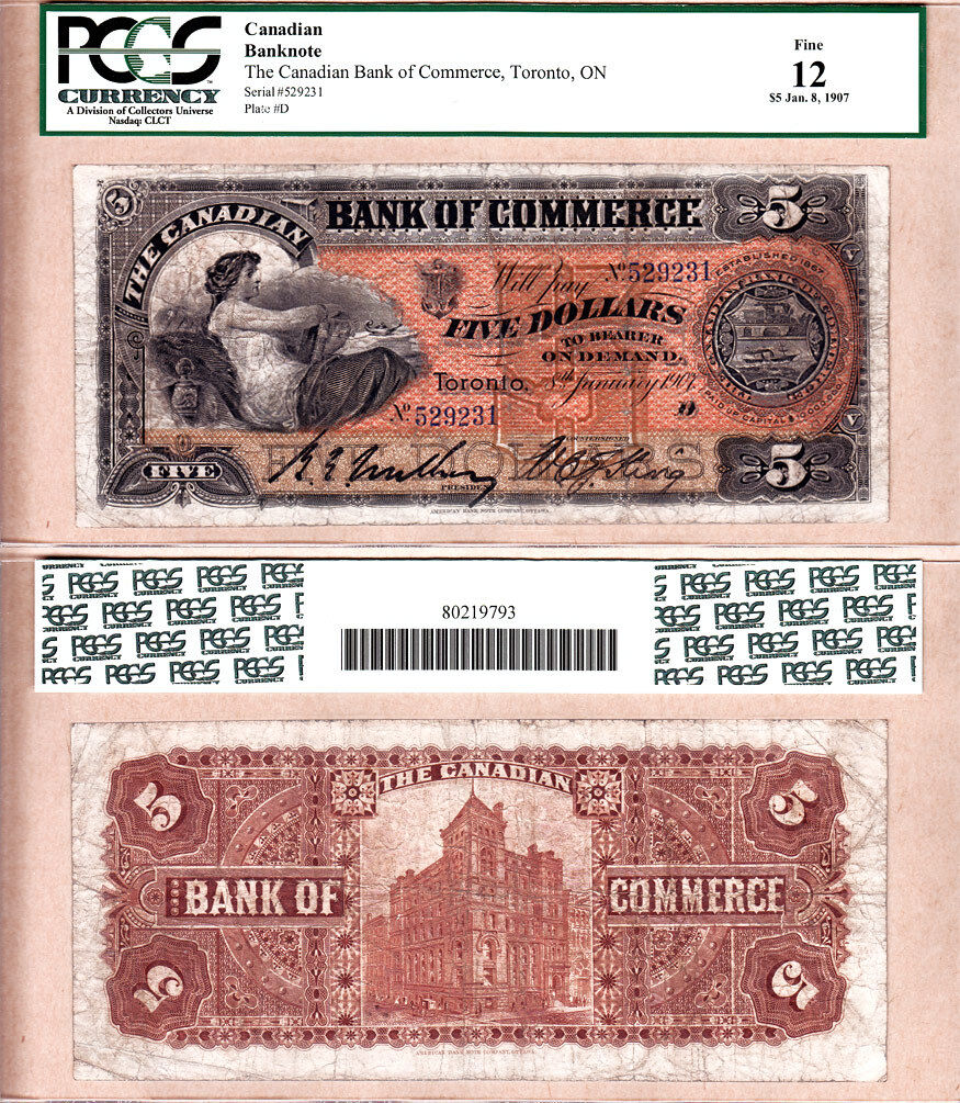 Vintage 1907 Canadian Bank of Commerce $5 Note
