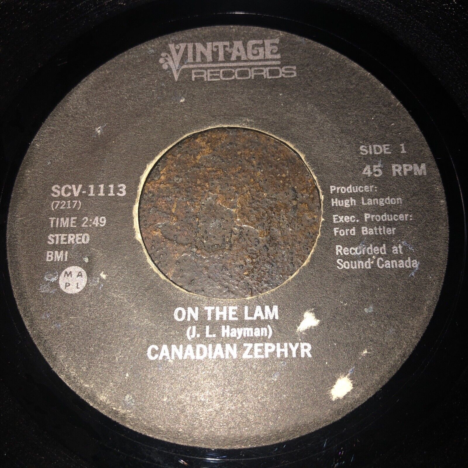 Vintage Canadian Zephyr On The Lam 45rpm