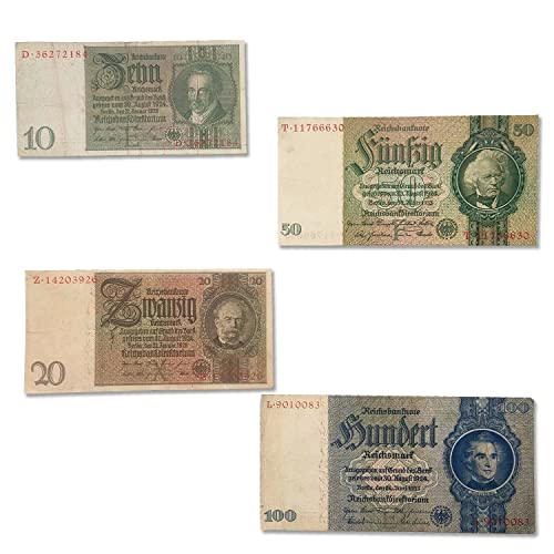 4 Vintage German Reichsmark Notes, 1929-1935. Certificate Included