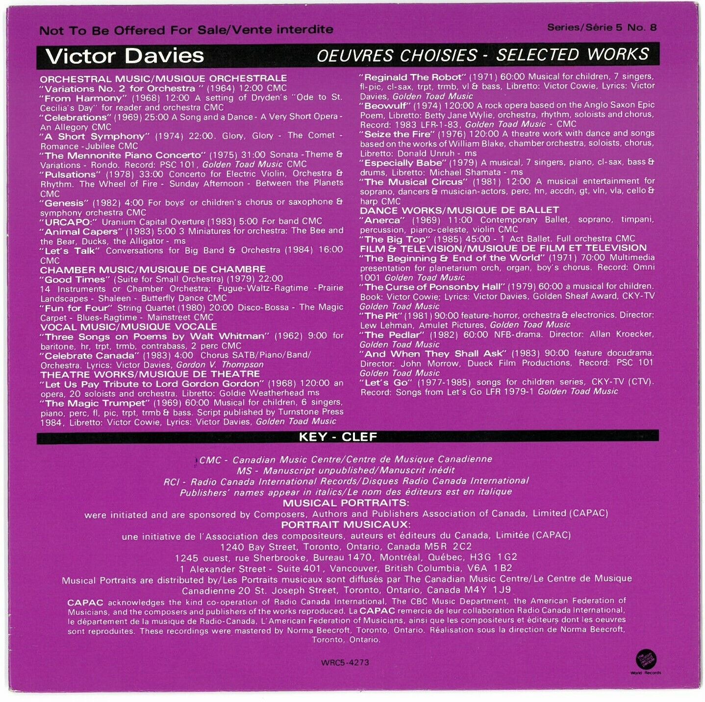 Vintage Victor Davies CAPAC Musical Portrait Series Vinyl