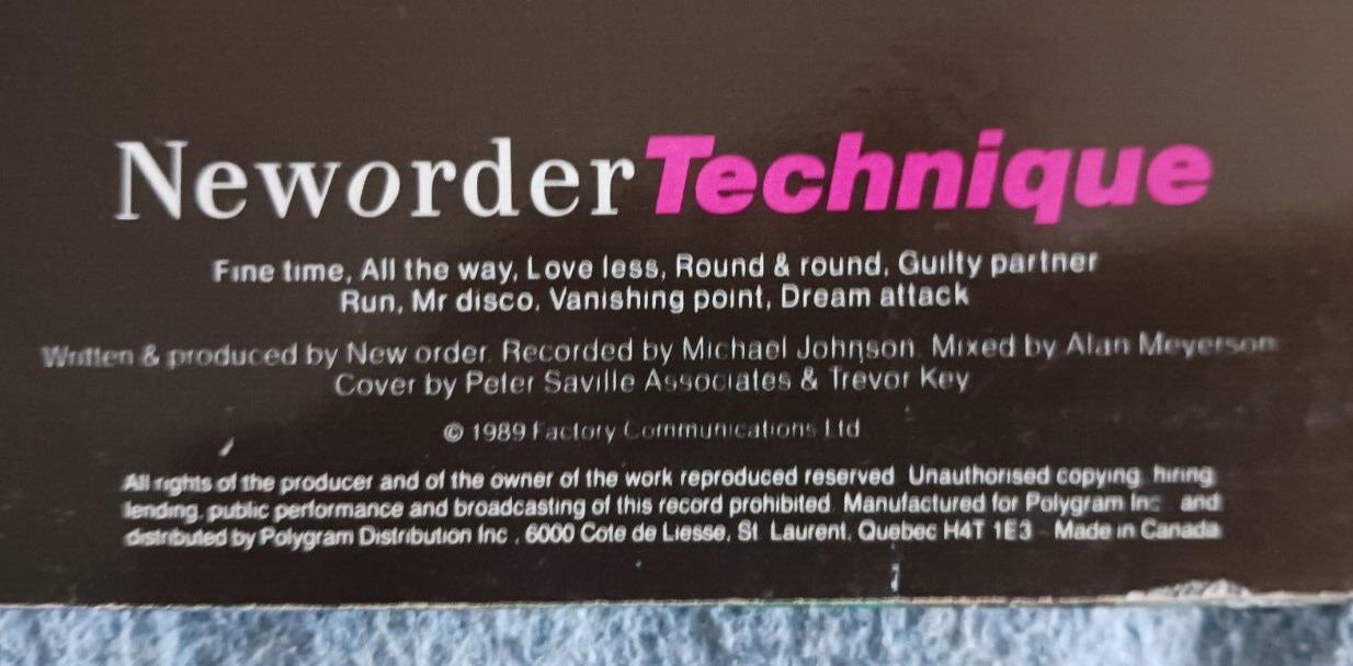 1989 NEWORDER TECHNIQUE Vinyl LP - Canadian Made