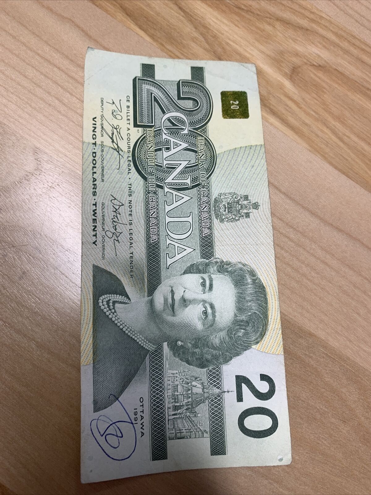 Rare 1991 Canadian $20.00 Bill in Vintage Style