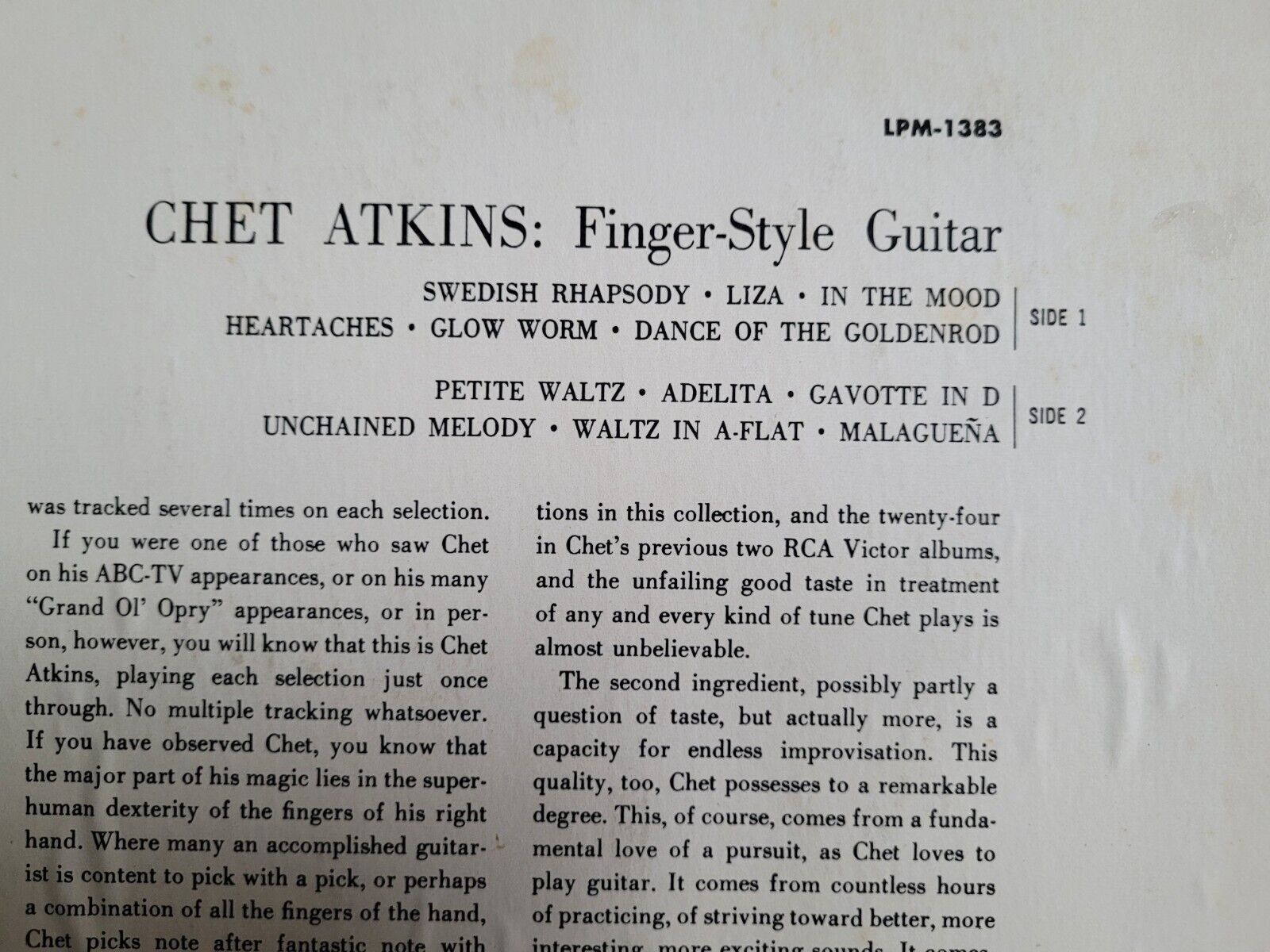 Chet Atkins Finger-Style Guitar Vinyl LP 1961 RCA