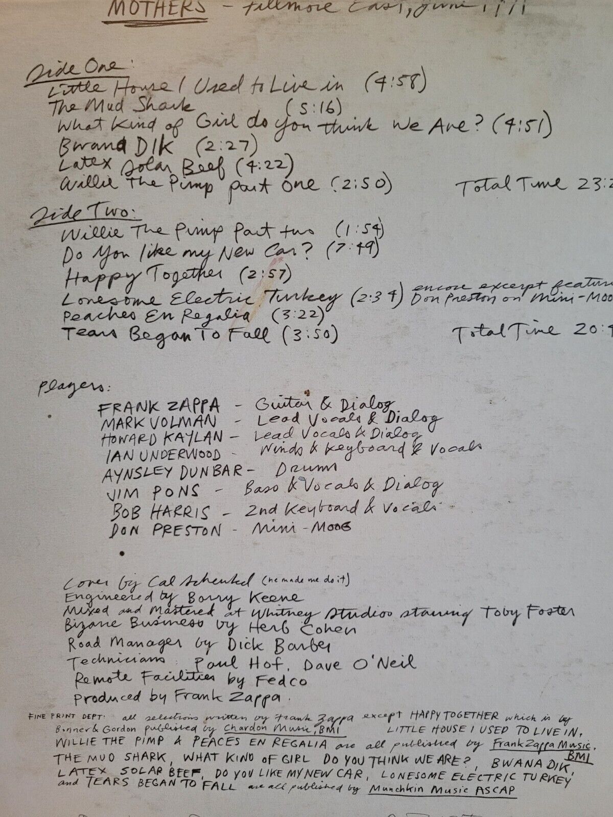 The Mothers - Fillmore East '71 LP