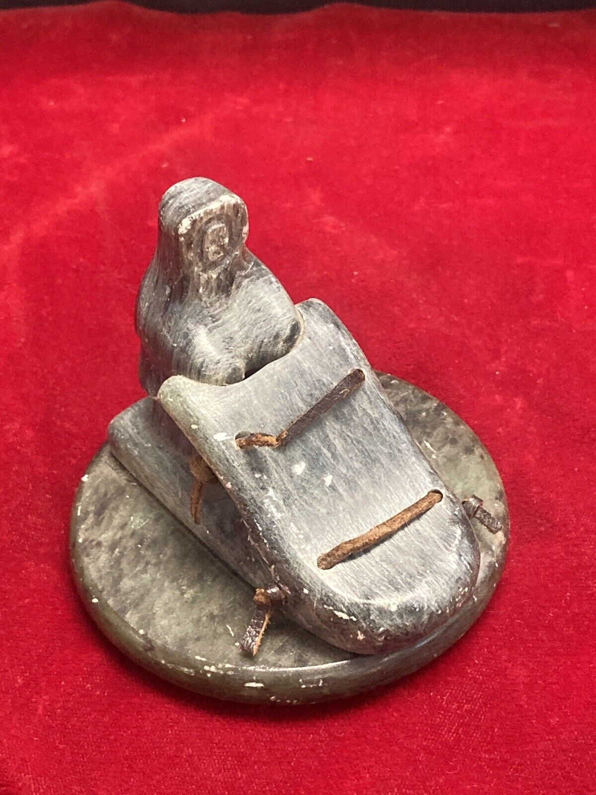 Inuit Soapstone Carving: Dog Sled with Leather Straps