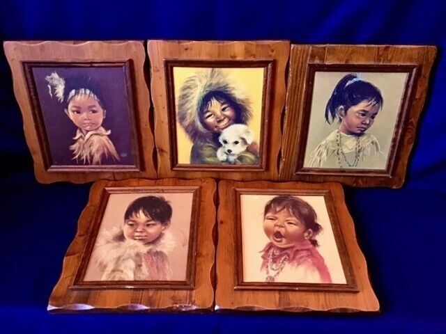 5 Vintage Native Canadian Indian First Nations Wood Mounted Portrait Prints