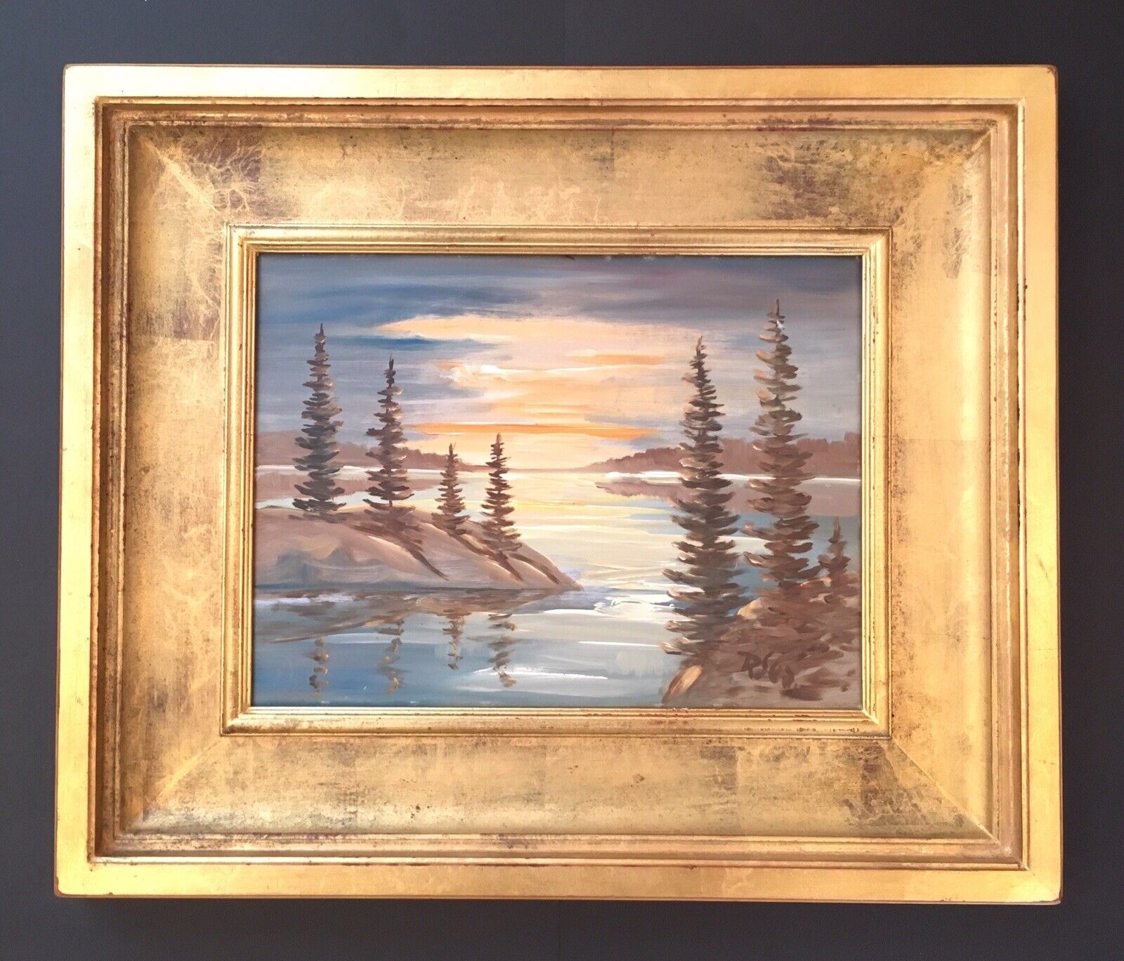 Canadian Lake Sunset Landscape Oil Painting Vintage