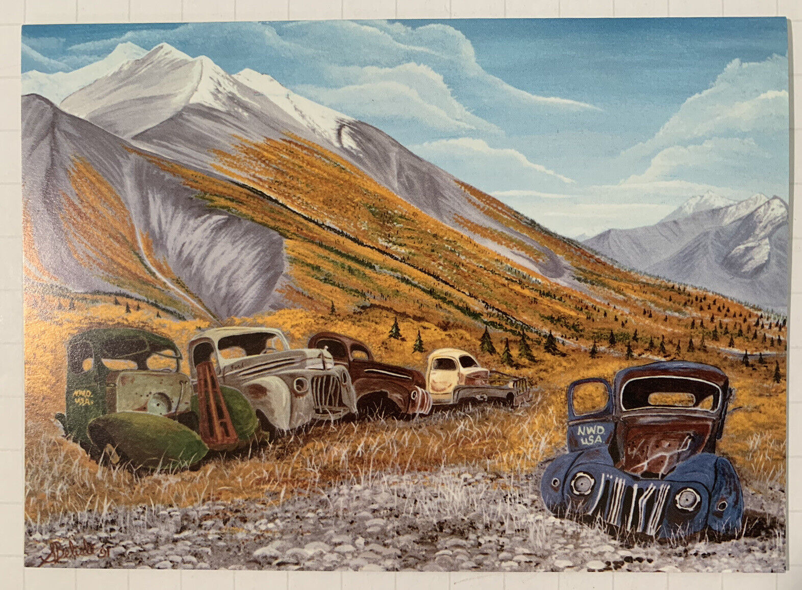 Vintage McMillan Pass Art Card- Old Vehicles, Mountains