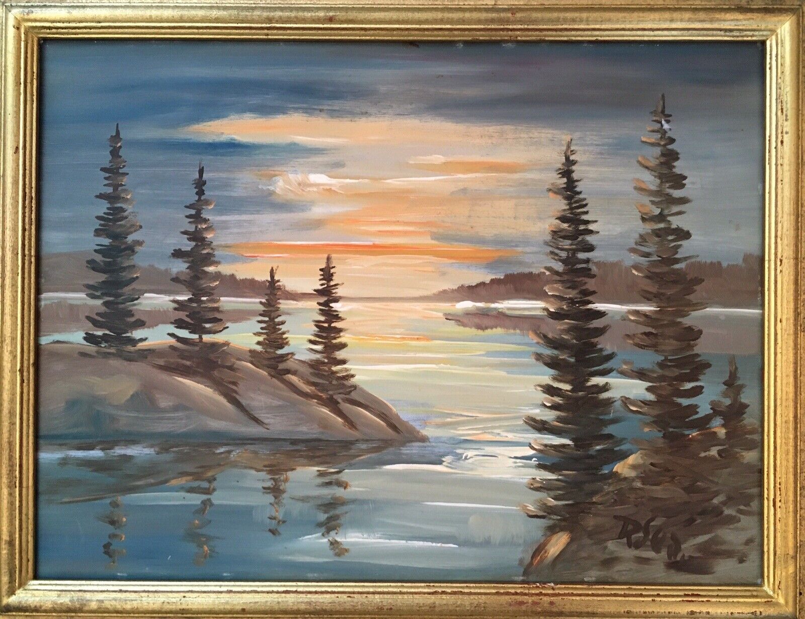 Canadian Lake Sunset Landscape Oil Painting Vintage