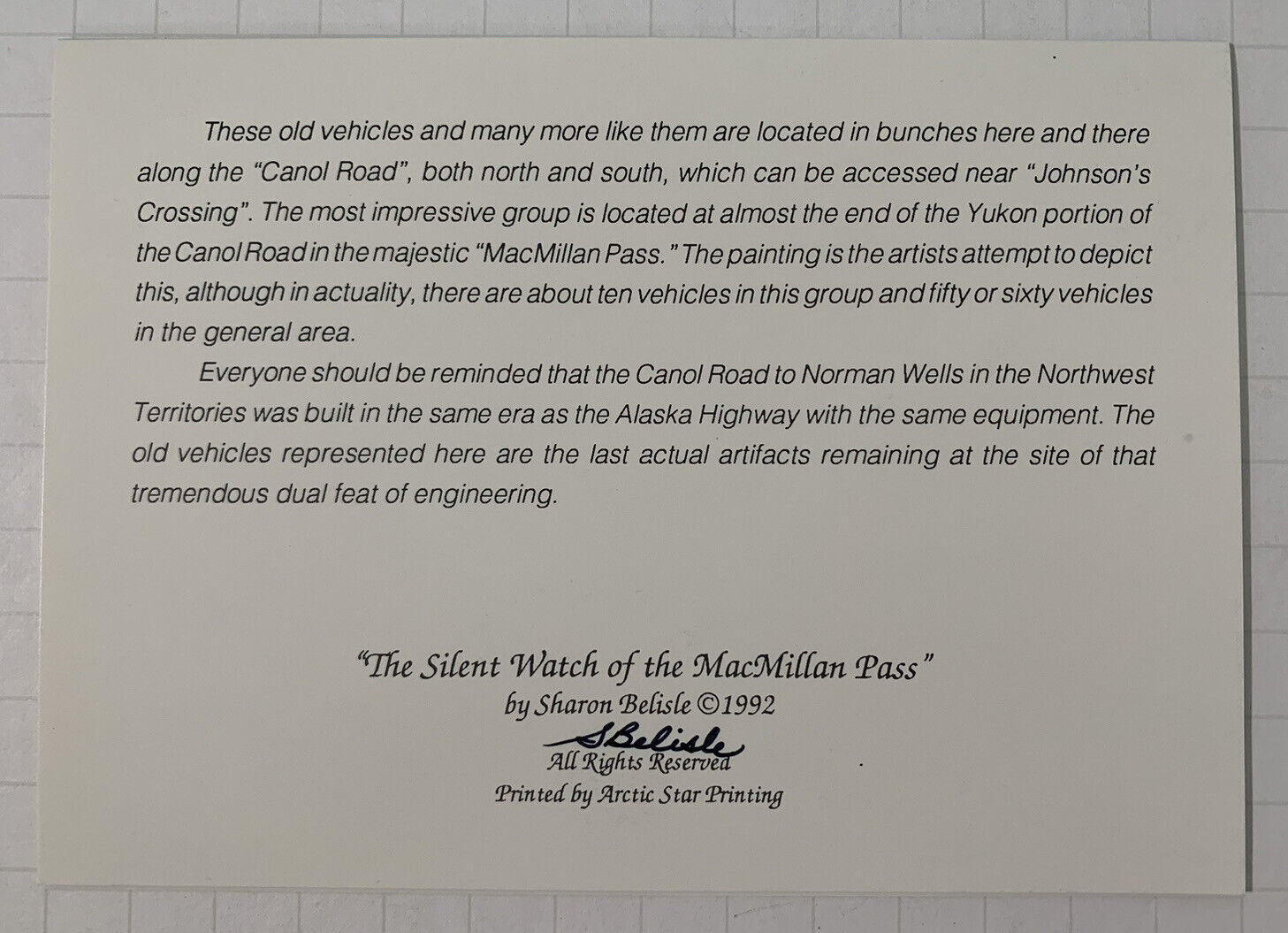 Vintage McMillan Pass Art Card- Old Vehicles, Mountains