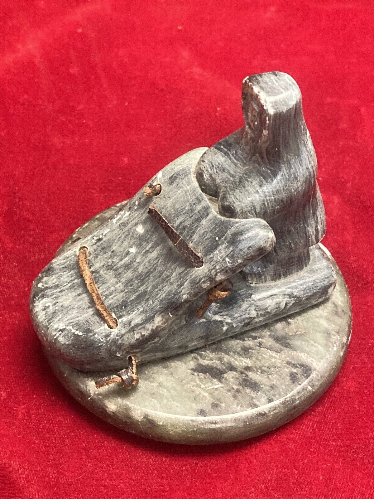 Inuit Soapstone Carving: Dog Sled with Leather Straps