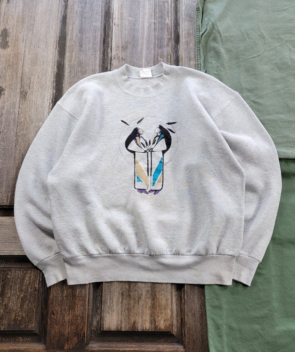 Vintage Canadian Indigenous Art Sweatshirt - 1990s, Grey, Size L
