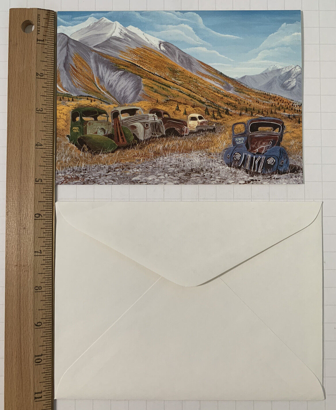 Vintage McMillan Pass Art Card- Old Vehicles, Mountains