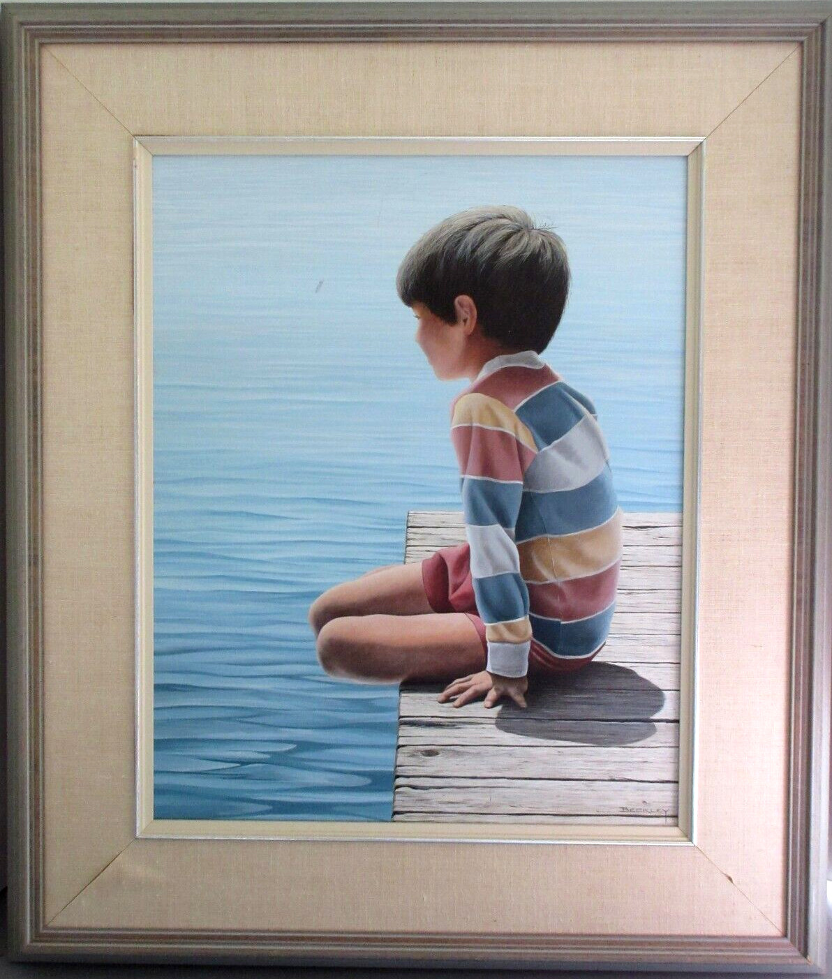 Canadian Boy Sitting on Lake Dock - Vintage Acrylic Painting