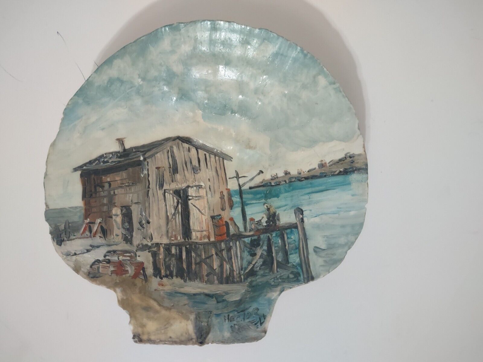 Canadian Fishing Shed Scene Clam Shell - Artist Signed