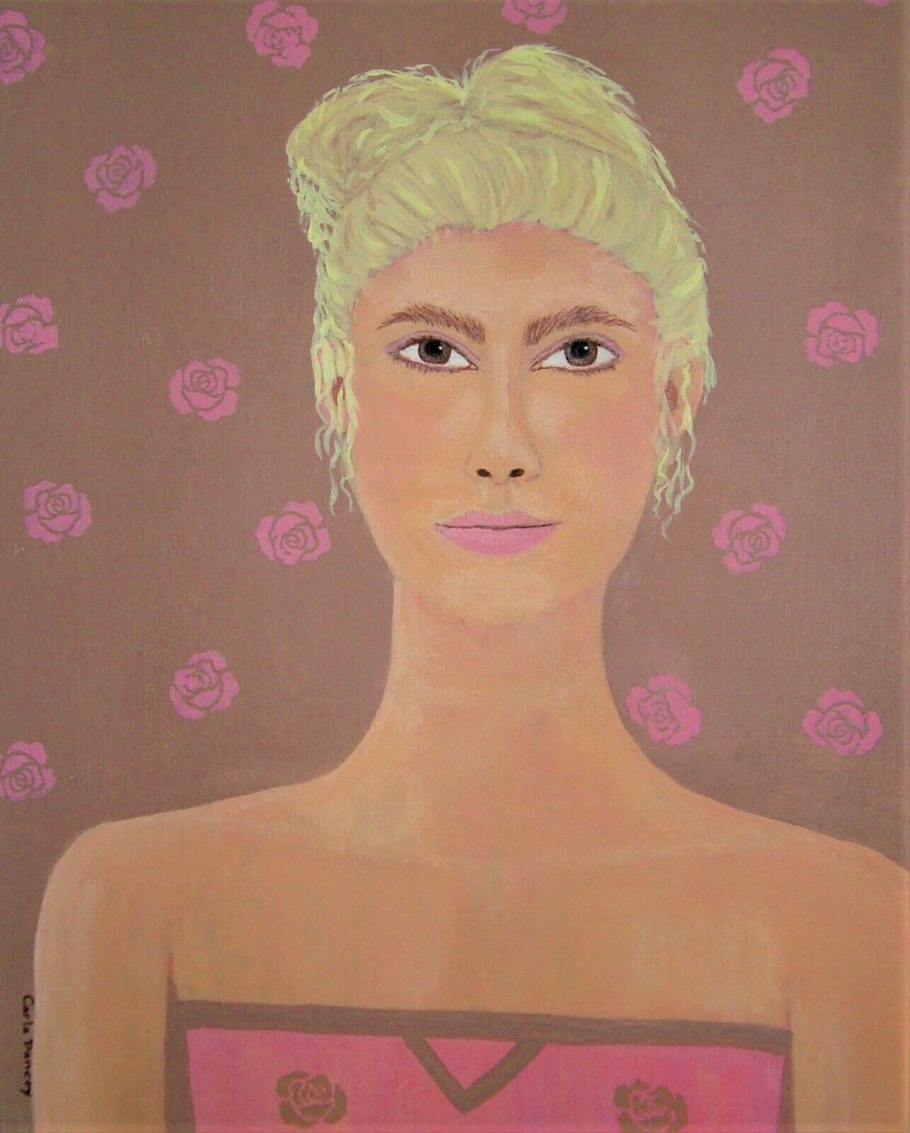 Vintage Pink Rose Ladywoman Portrait Original Art