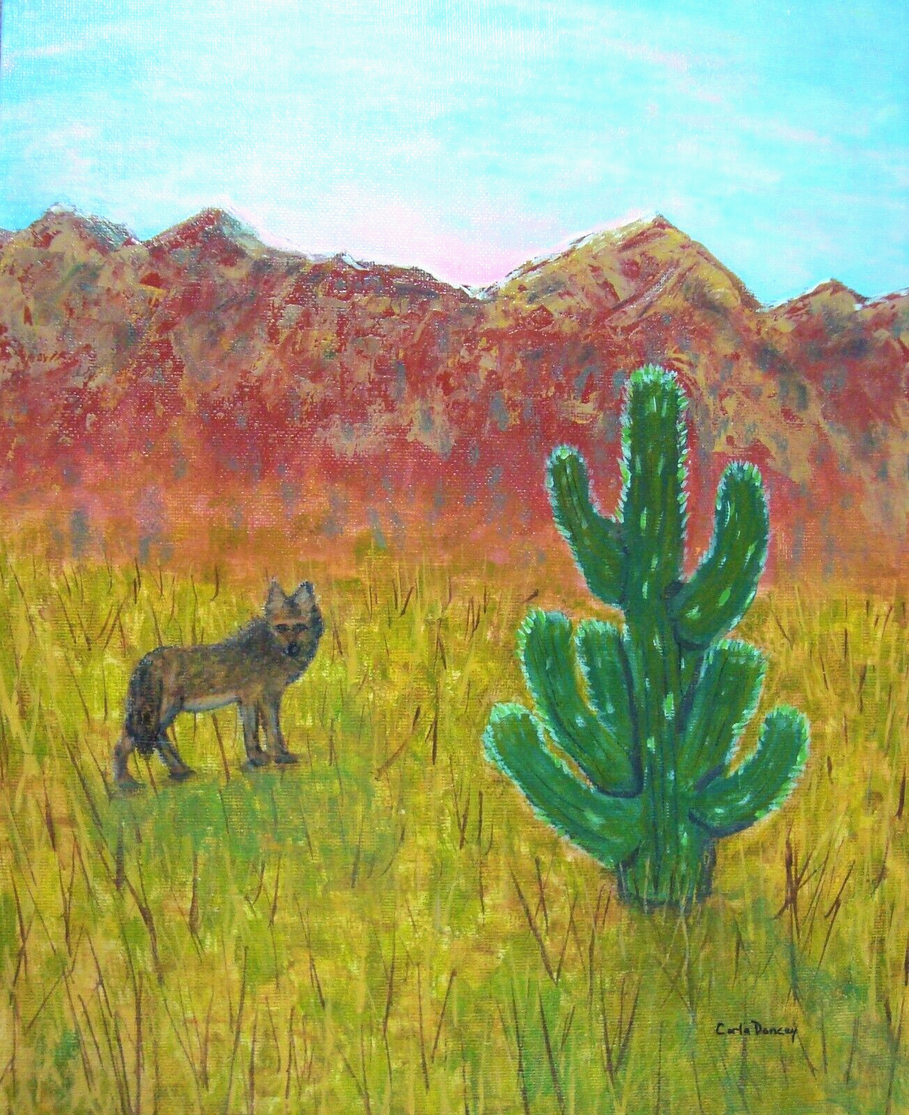 Original Desert Landscape Painting with Cactus and Wildlife