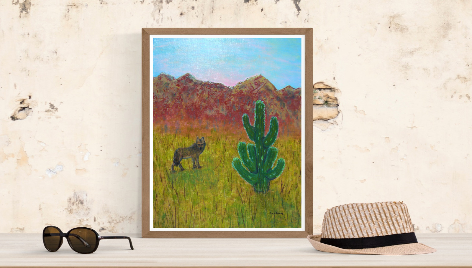 Original Desert Landscape Painting with Cactus and Wildlife