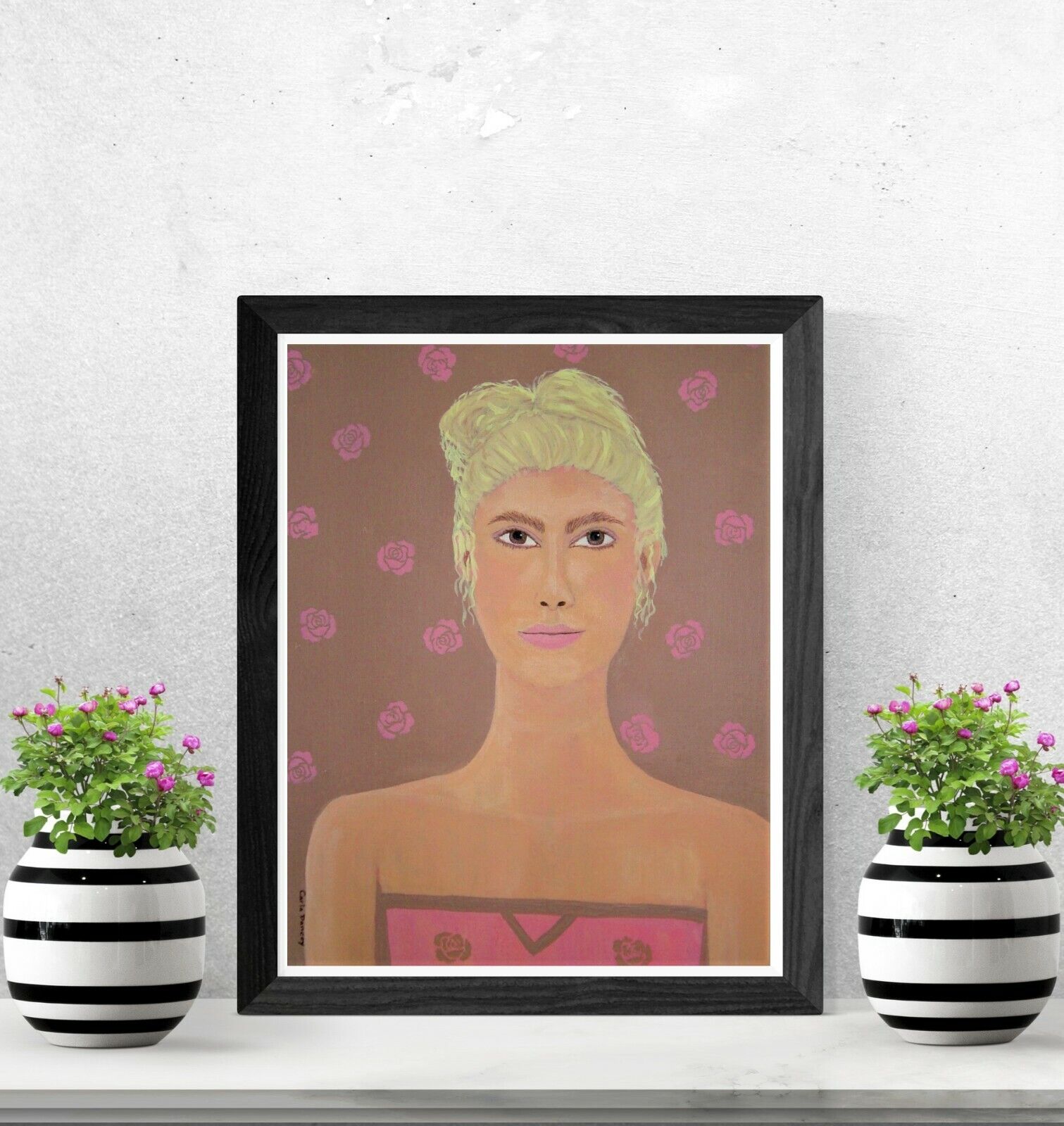 Vintage Pink Rose Ladywoman Portrait Original Art