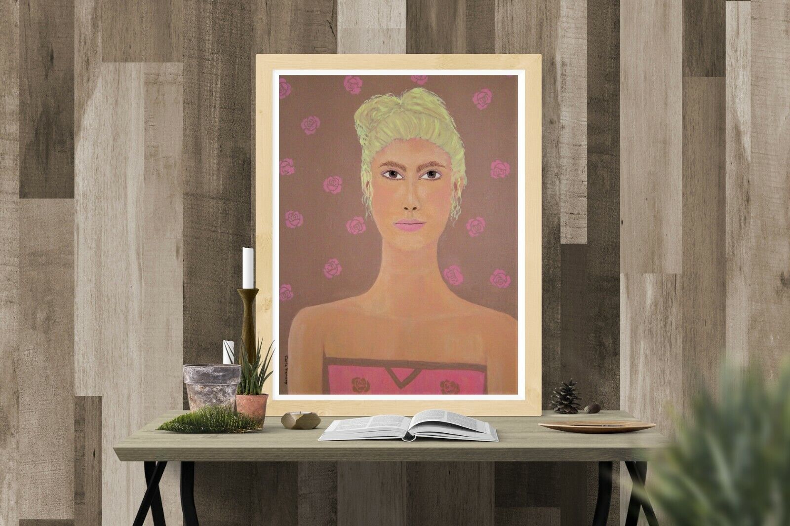 Vintage Pink Rose Ladywoman Portrait Original Art