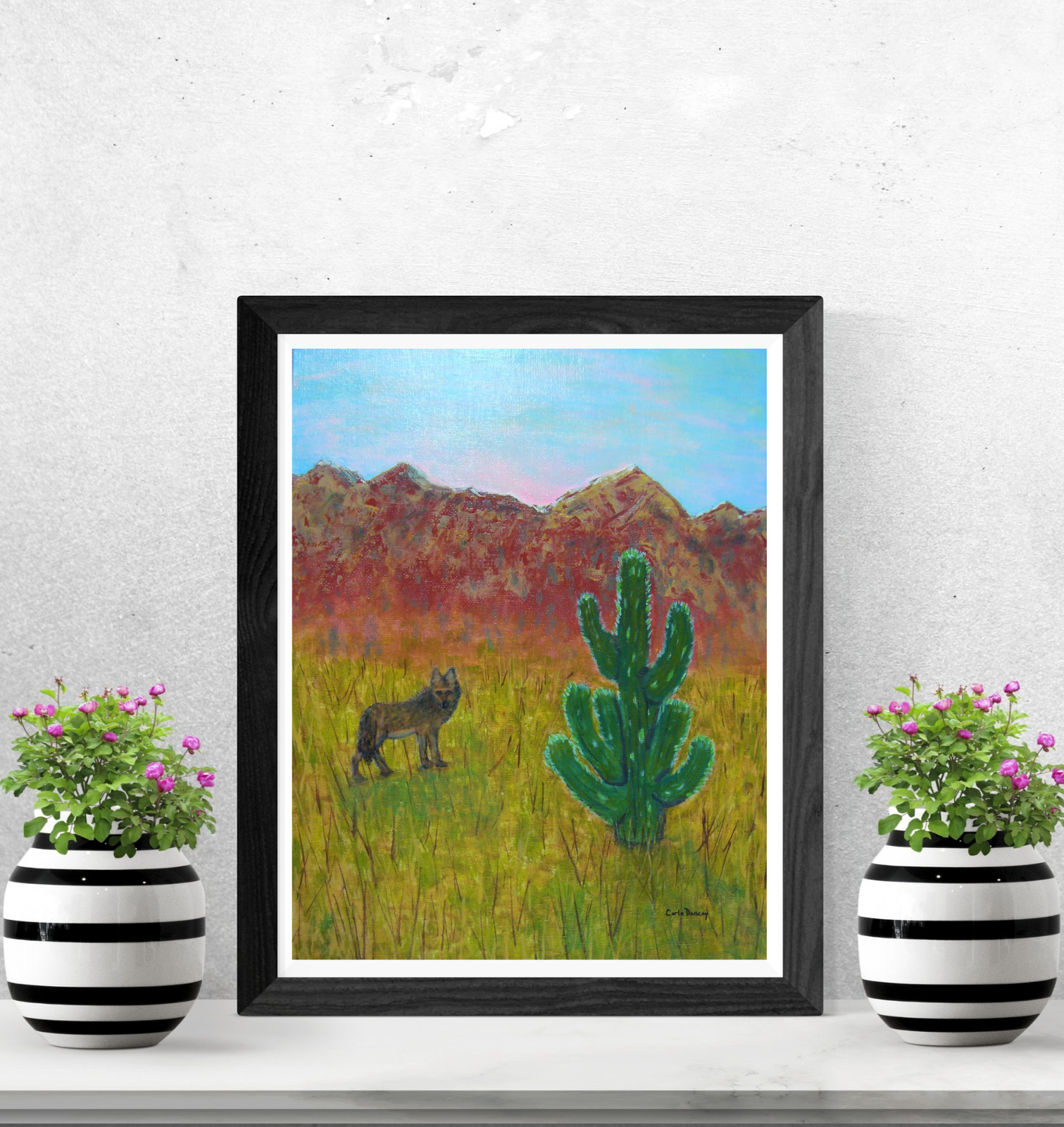 Original Desert Landscape Painting with Cactus and Wildlife